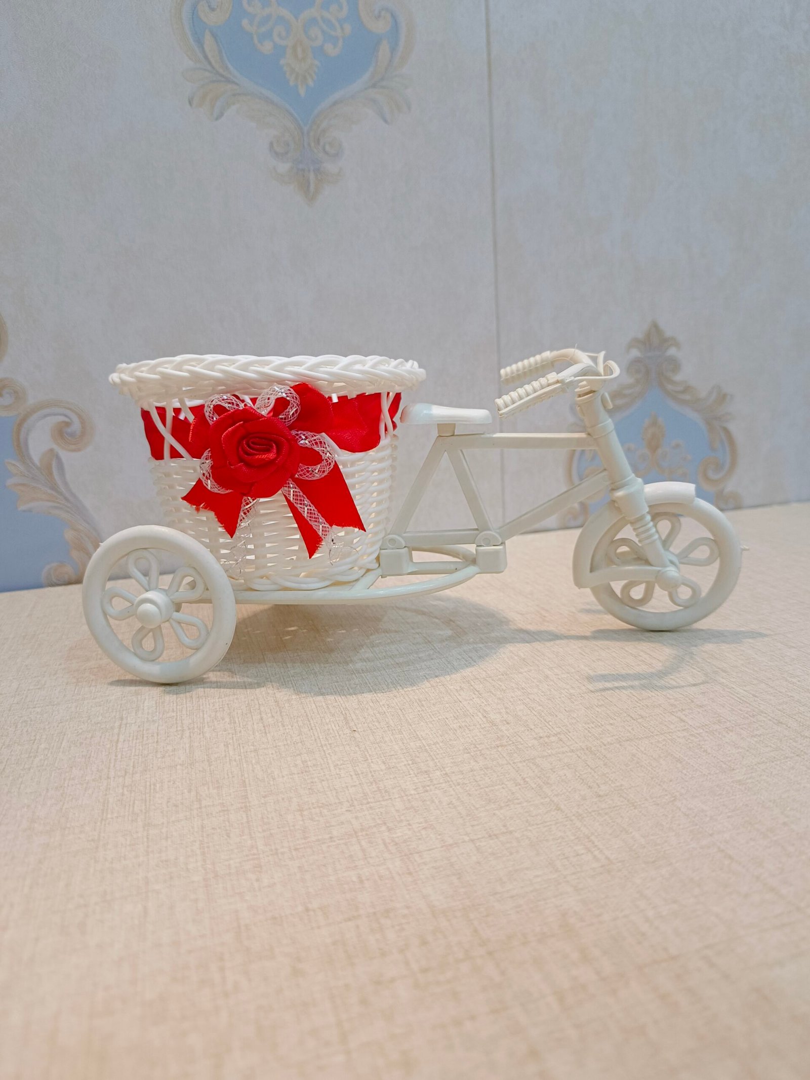 Decorative Mini White Bicycle Basket with Red Rose Accent