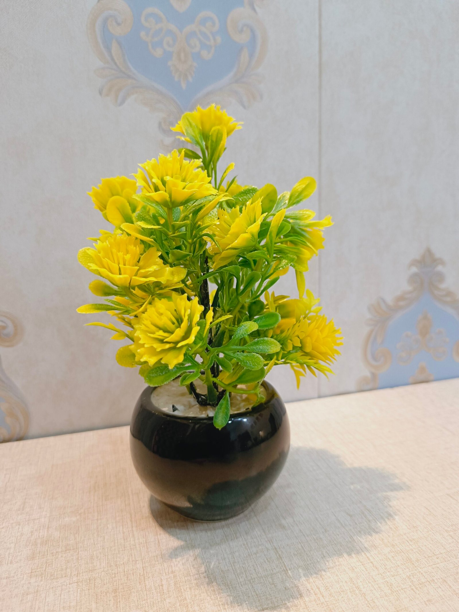 Single Mini Marble Pot with Yellow Artificial Plants