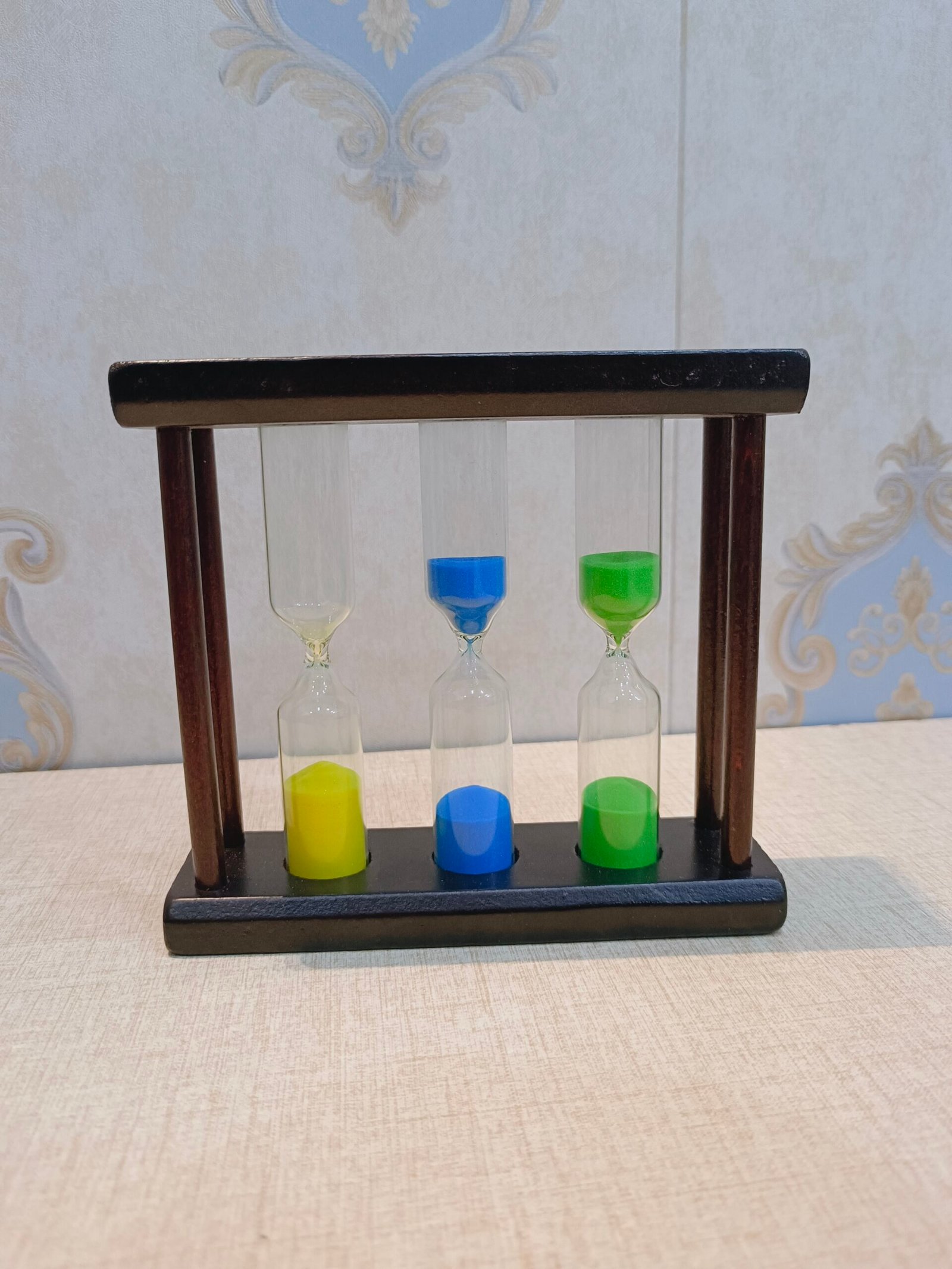 Triple Hourglass Timer with Wooden Frame – 3 Color Sand Timers